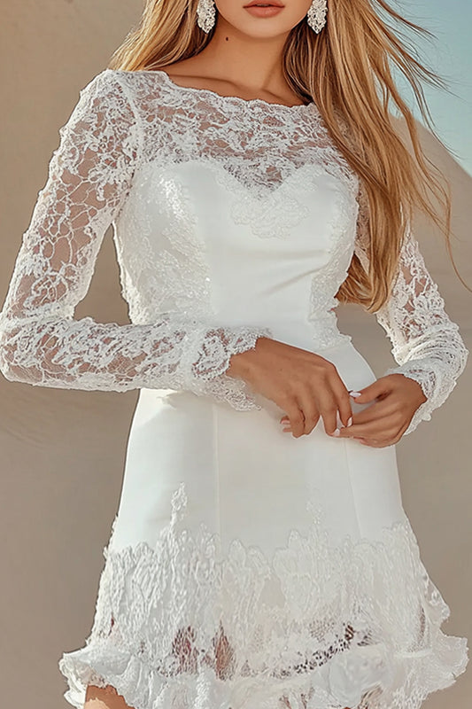 A Line Lace White Boat Neck Graduation Dress with Long Sleeves