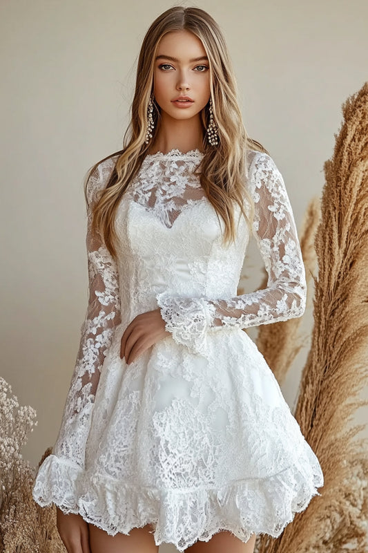 Lace White A Line Scoop Graduation Dress with Long Sleeves