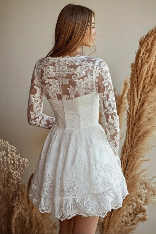 Lace White A Line Scoop Graduation Dress with Long Sleeves