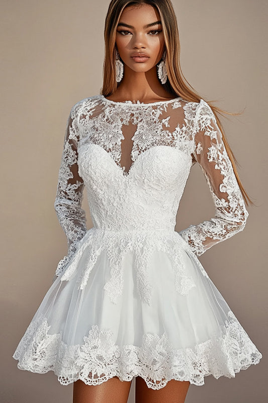 White A Line Mini Length Lace Graduation Dress with Long Sleeves