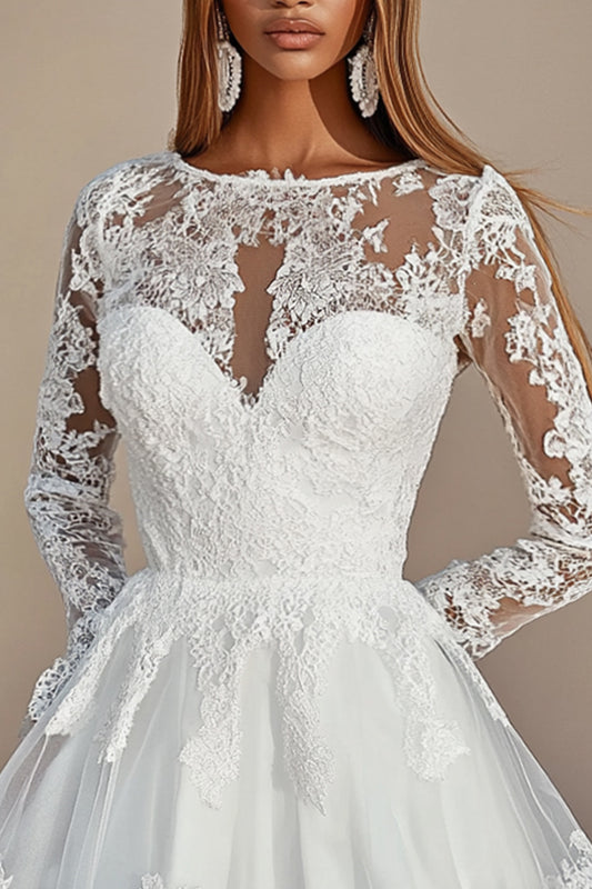 White A Line Mini Length Lace Graduation Dress with Long Sleeves