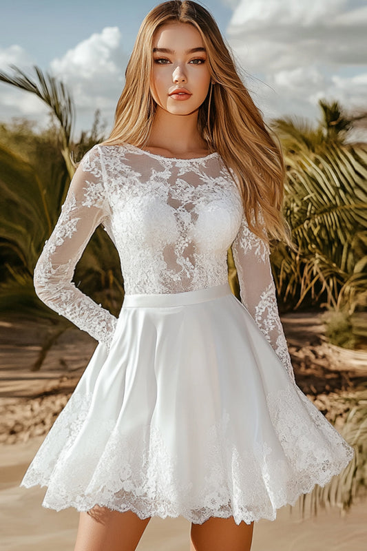 Mini Length White A Line Lace Graduation Dress with Long Sleeves