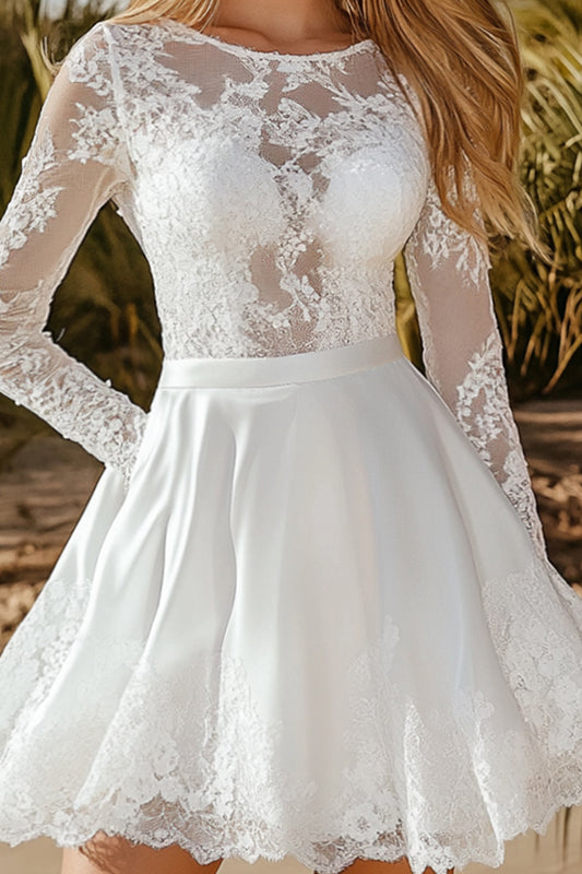 Mini Length White A Line Lace Graduation Dress with Long Sleeves