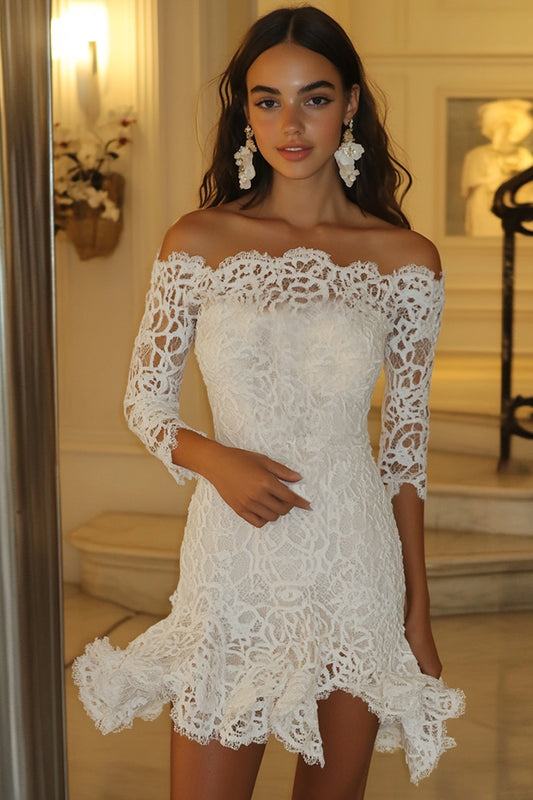 White Lace Off The Shoulder Short Graduation Dress with 3/4 Sleeves Tight Little White Dress
