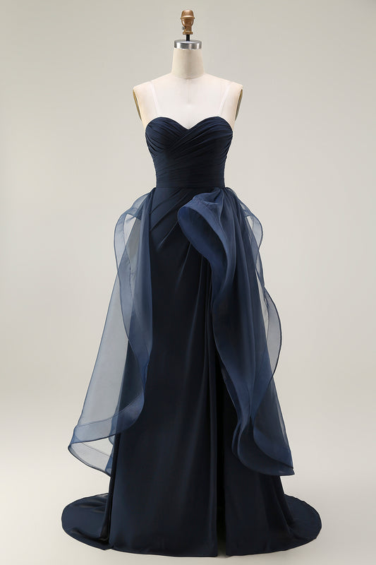 Navy Satin Strapless Mermaid Long Ruffled Prom Dress with Cape