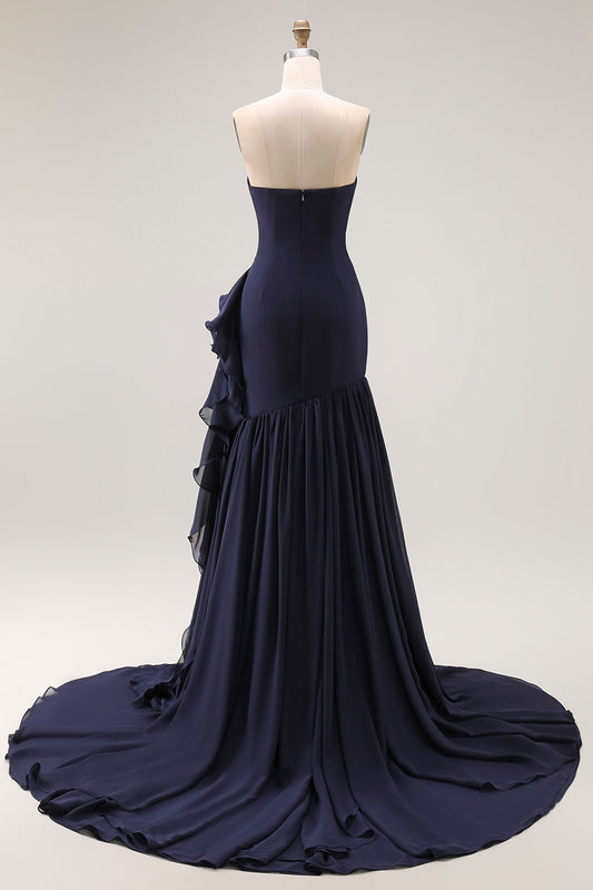 Navy Ruffled Strapless Mermaid Long Formal Dress with Side Cape