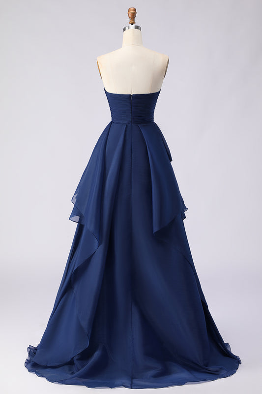 Navy A Line Sweetheart Ruffled Long Prom Dress with Slit