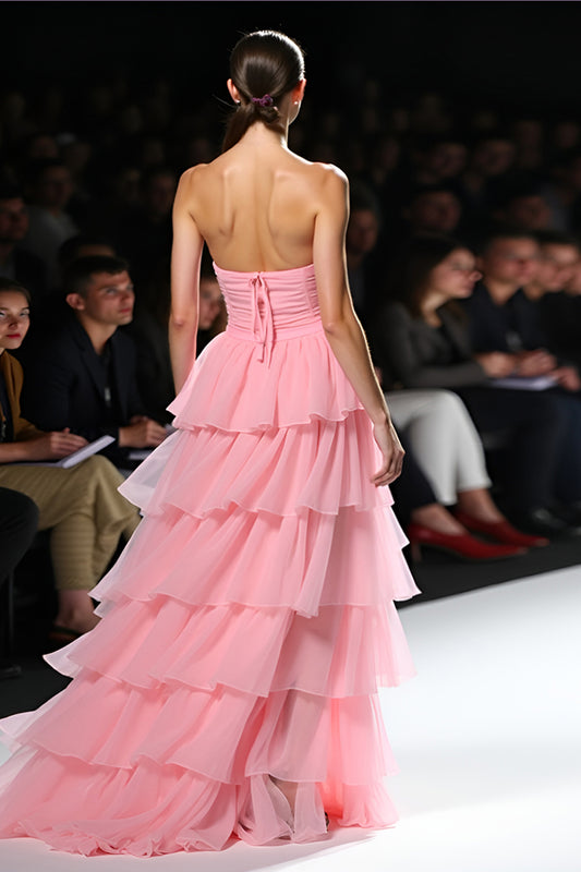 A Line Pink Strapless Tiered Long Gala Dress