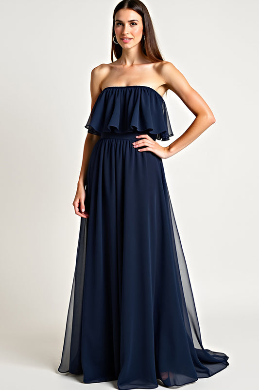 Navy Square Neck Ruched Long Wedding Guest Dress