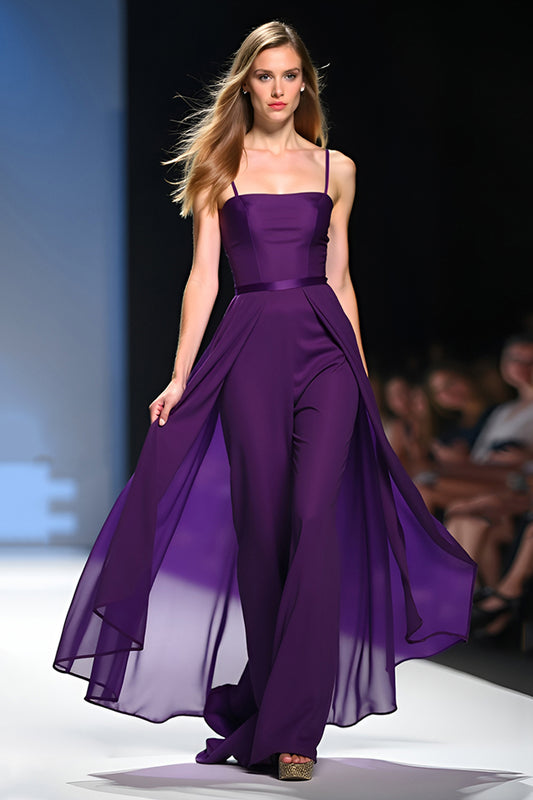 Spaghetti Straps Dark Purple Tulle Long Prom Jumpsuit
