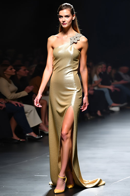 Sheath Golden One Shoulder Long Gala Dress with Slit