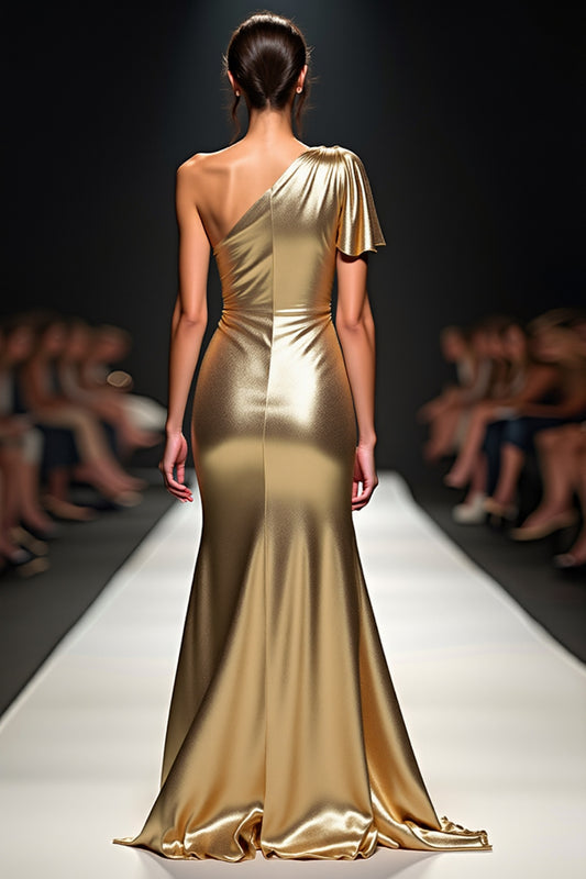 One Shoulder Golden Metallic Long Gala Dress with Slit