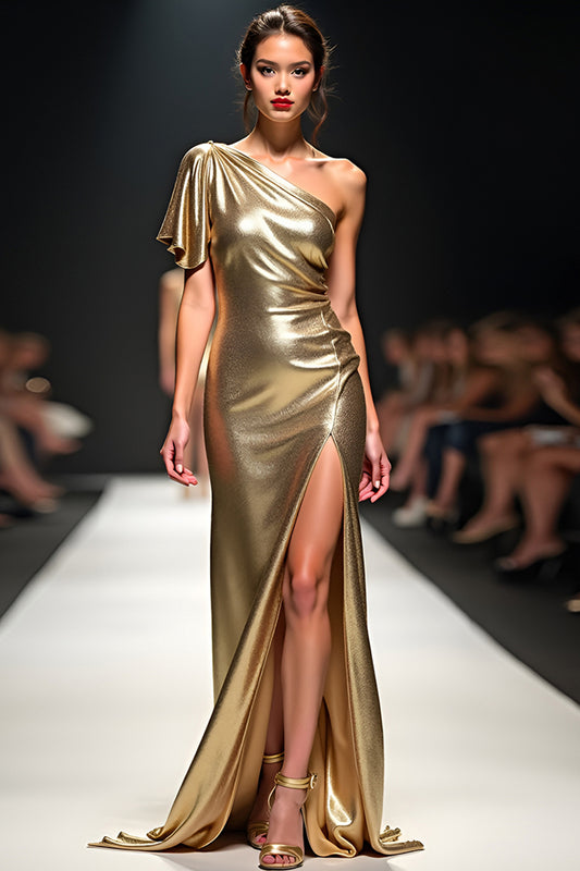 One Shoulder Golden Metallic Long Gala Dress with Slit
