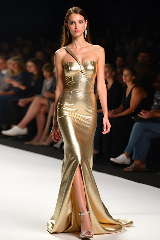 One Shoulder Sheath Golden Glitter Long Gala Dress with Slit