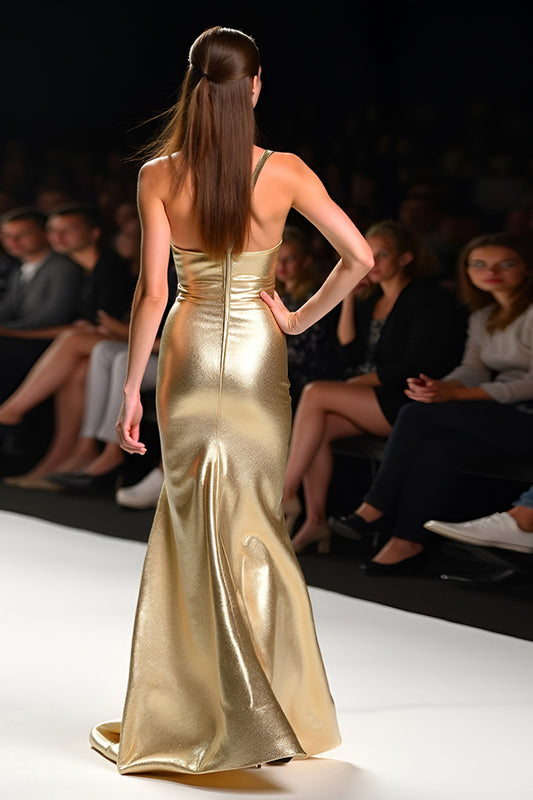 One Shoulder Sheath Golden Glitter Long Gala Dress with Slit