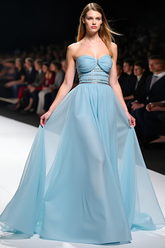 Grey Blue A Line Strapless Long Gala Dress