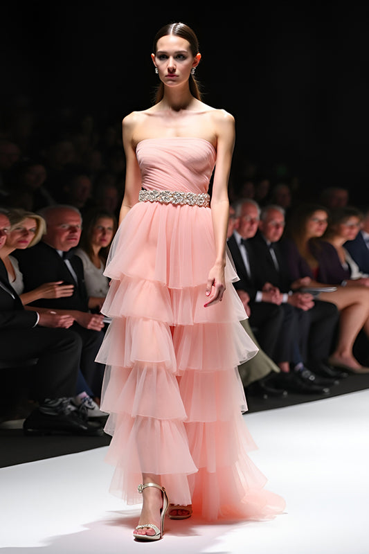 Ruffled Blush Strapless Tiered Long Gala Dress with Beading