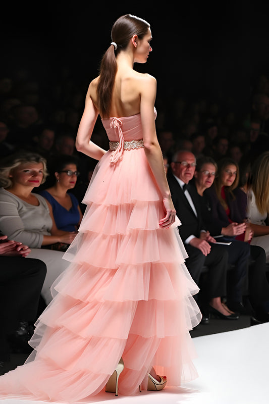 Ruffled Blush Strapless Tiered Long Gala Dress with Beading