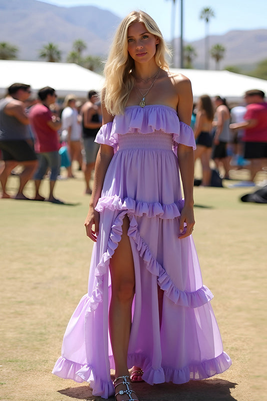 Off the Shoulder Lilac Ruffles A Line Long Bridesmaid Dress