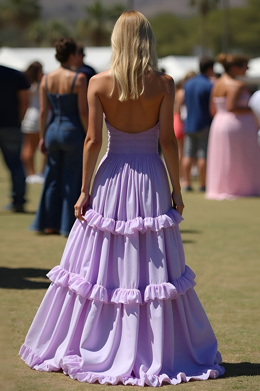 Off the Shoulder Lilac Ruffles A Line Long Bridesmaid Dress