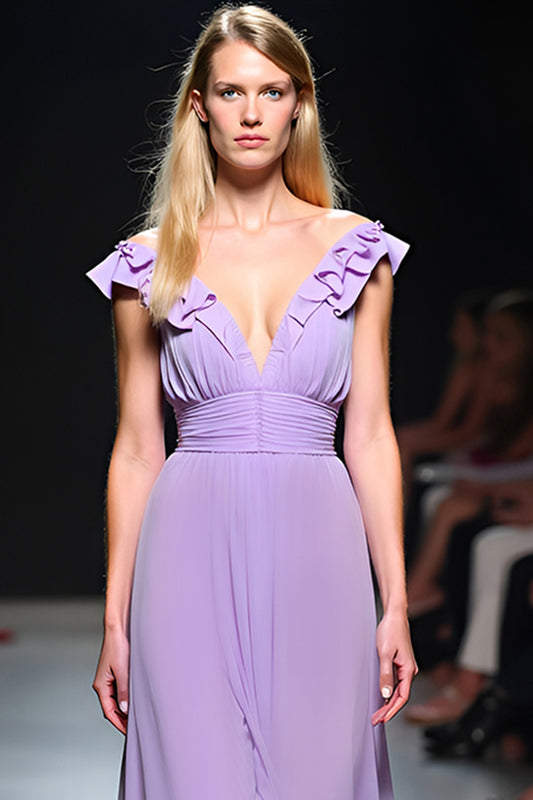 Lilac Deep V-Neck Ruched Long Gala Dress