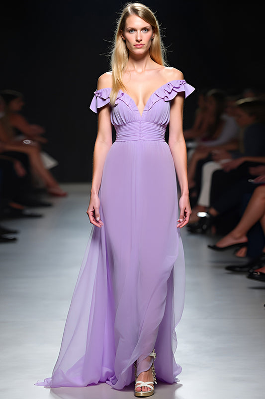 Lilac Deep V-Neck Ruched Long Gala Dress