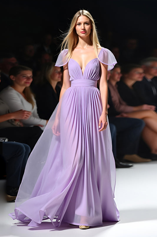 Lilac A Line Ruched Long Gala Dress with Ruffles