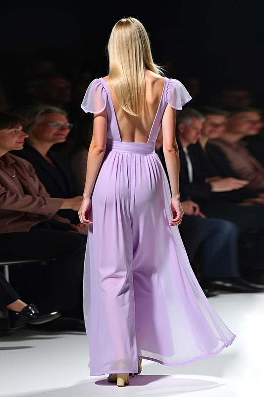 Lilac A Line Ruched Long Gala Dress with Ruffles