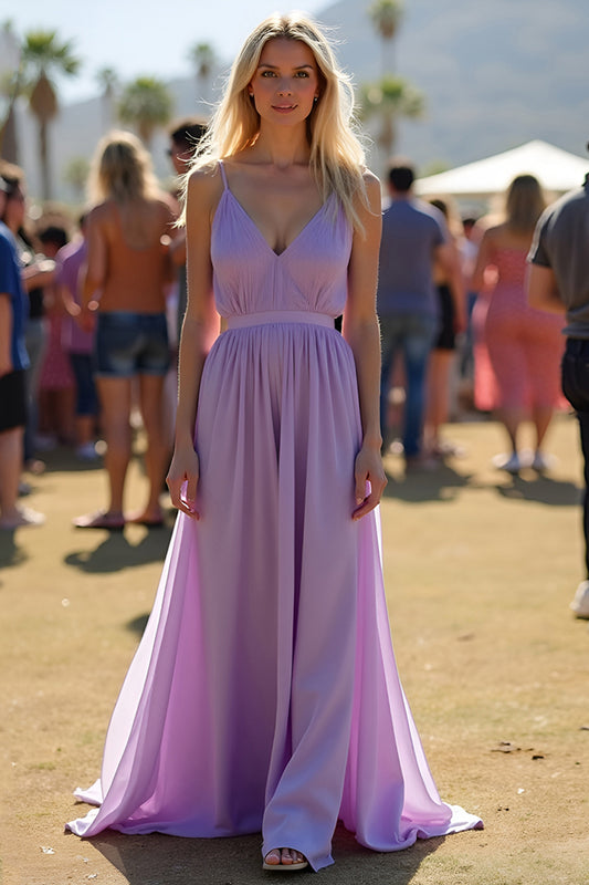 A Line Lilac V-Neck Ruched Long Bridesmaid Dress