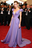 Elegant V-Neck Purple Satin A Line Gala Dress with Flying Sleeves Elegant V-Neck Purple Satin A Line Gala Dress with Flying Sleeves