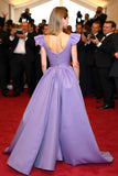 Elegant V-Neck Purple Satin A Line Gala Dress with Flying Sleeves Elegant V-Neck Purple Satin A Line Gala Dress with Flying Sleeves