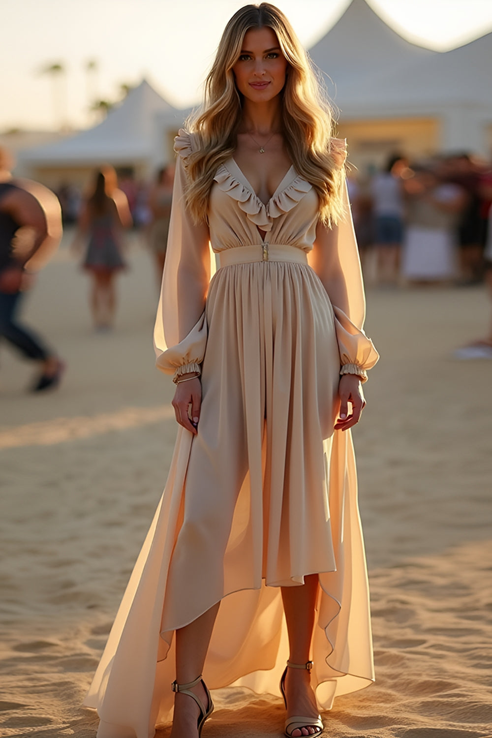 Apricot Ruffled Asymmetrical Length Formal Dress with Long Sleeves Apricot Ruffled Asymmetrical Length Formal Dress with Long Sleeves
