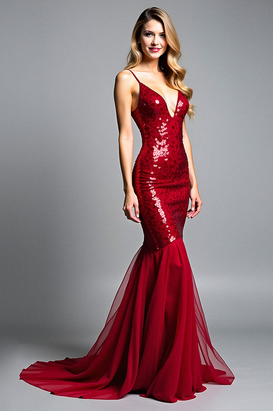 Red Deep V-Neck Long Sparkly Mermaid Prom Dress
