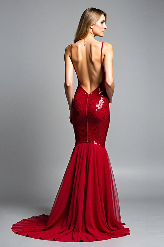 Red Deep V-Neck Long Sparkly Mermaid Prom Dress