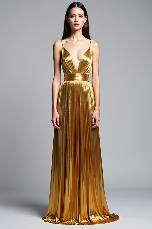 Metallic Deep V-Neck Golden Pleated Long Prom Dress