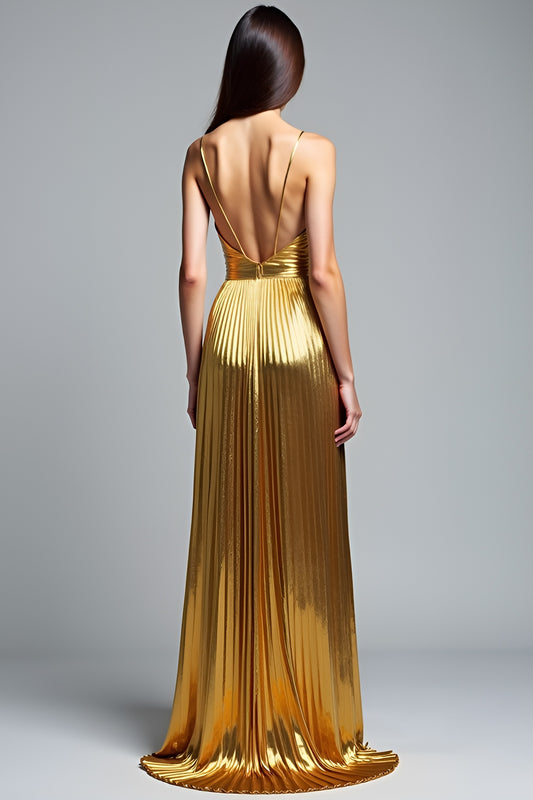 Metallic Deep V-Neck Golden Pleated Long Prom Dress
