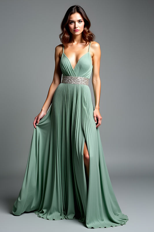 Pleated V-Neck Dusty Sage Long Prom Dress with Slit