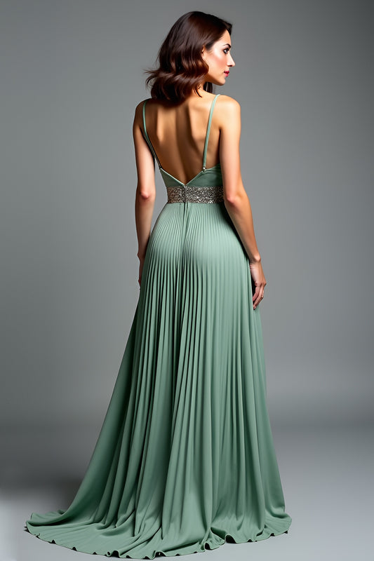 Pleated V-Neck Dusty Sage Long Prom Dress with Slit