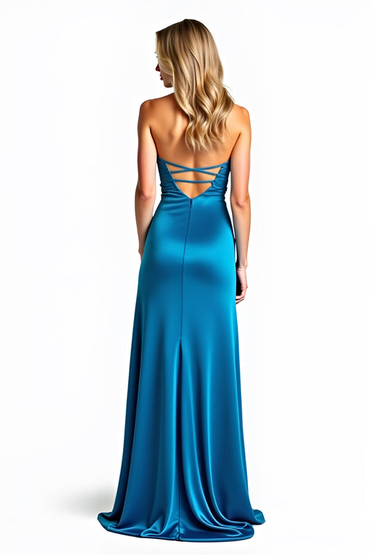 Blue Strapless Beading Long Prom Dress with Slit