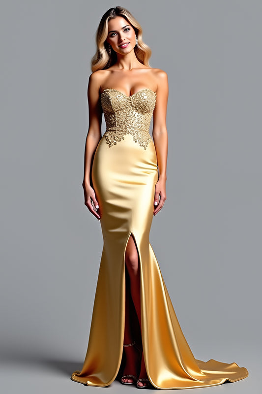 Mermaid Appliqued Golden Long Prom Dress with Slit