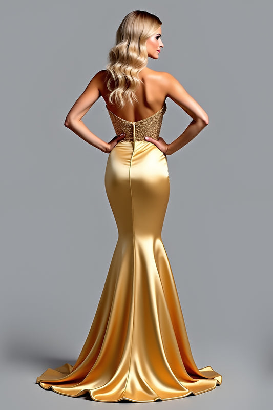 Mermaid Appliqued Golden Long Prom Dress with Slit