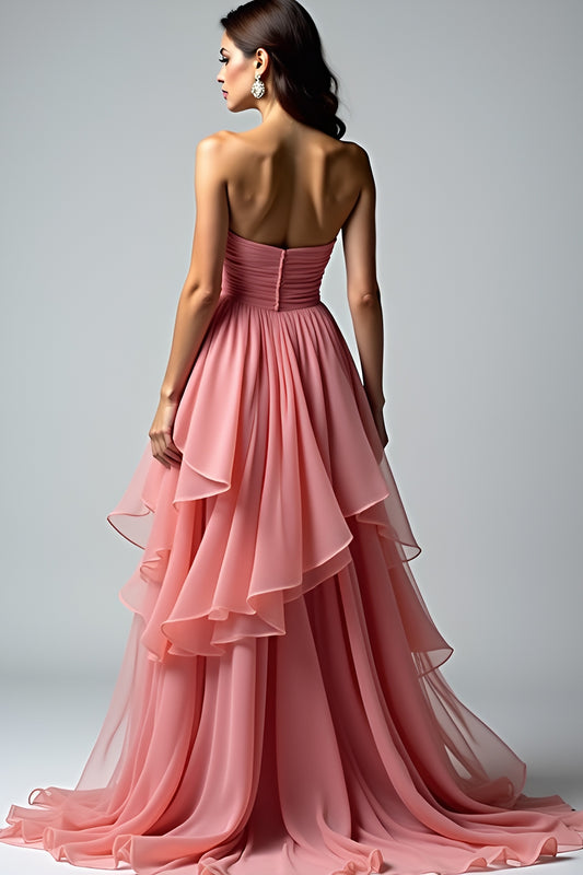 Dusty Rose Strapless Ruched Long Prom Dress with Ruffles