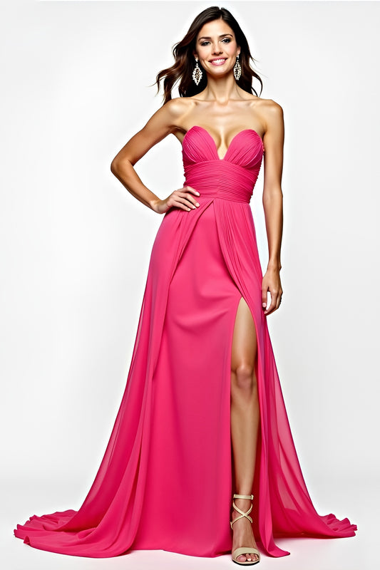 A Line Ruched Fuchsia Long Prom Dress with Slit
