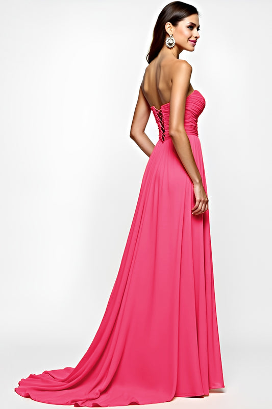 A Line Ruched Fuchsia Long Prom Dress with Slit