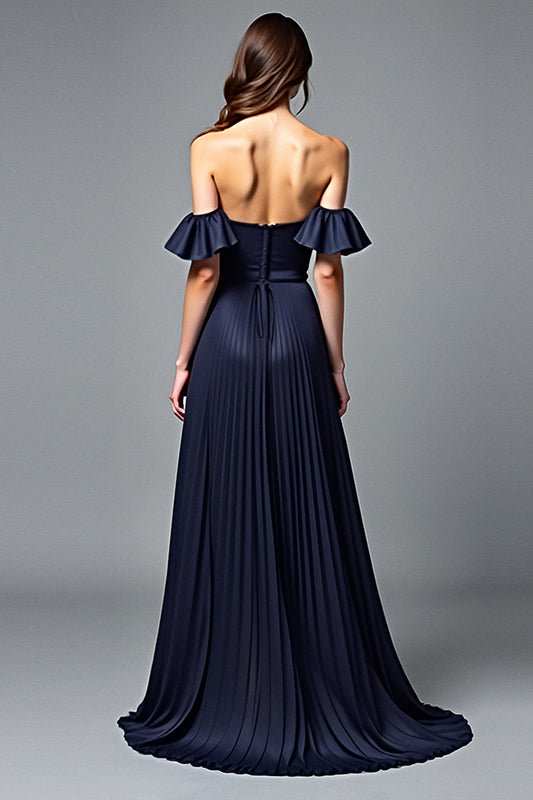 Off the Shoulder Pleated Navy A Line Formal Dress with Ruffles