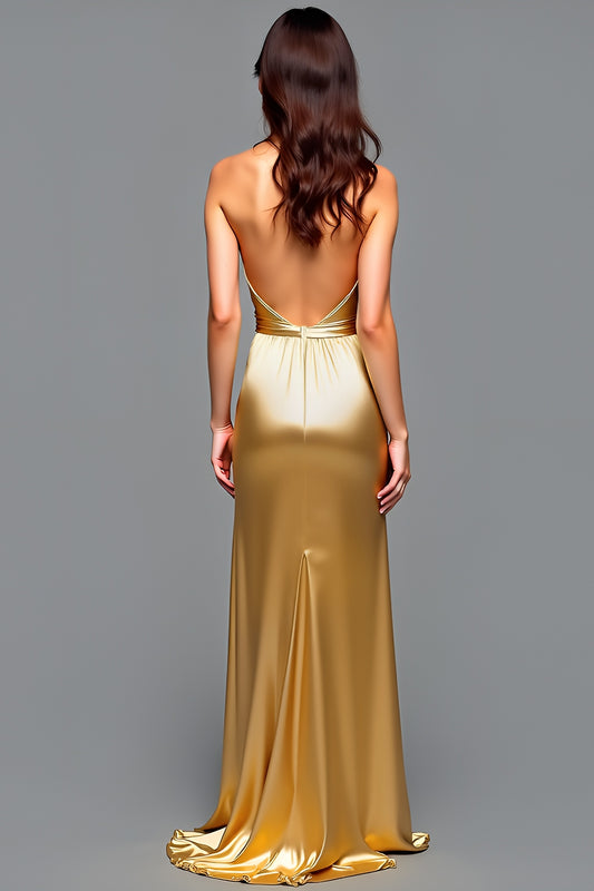 Halter Asymmetrical Golden Backless High-Low Prom Dress