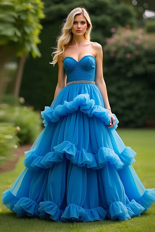 Tiered Long Blue Sweetheart A Line Prom Dress with Beading