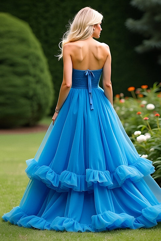 Tiered Long Blue Sweetheart A Line Prom Dress with Beading