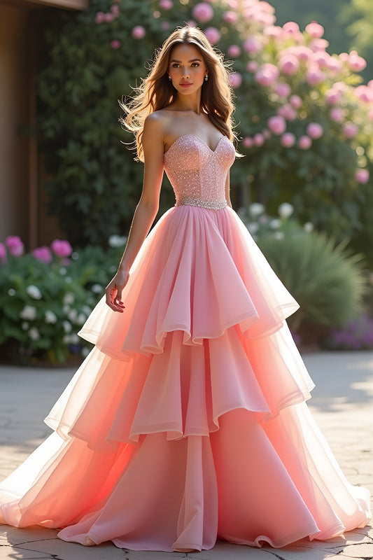 A Line Pink Tiered Long Prom Dress with Ruffles