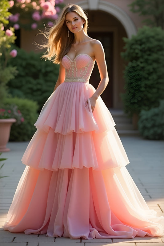 Beaded Blush A Line Tiered Long Prom Dress with Ruffles